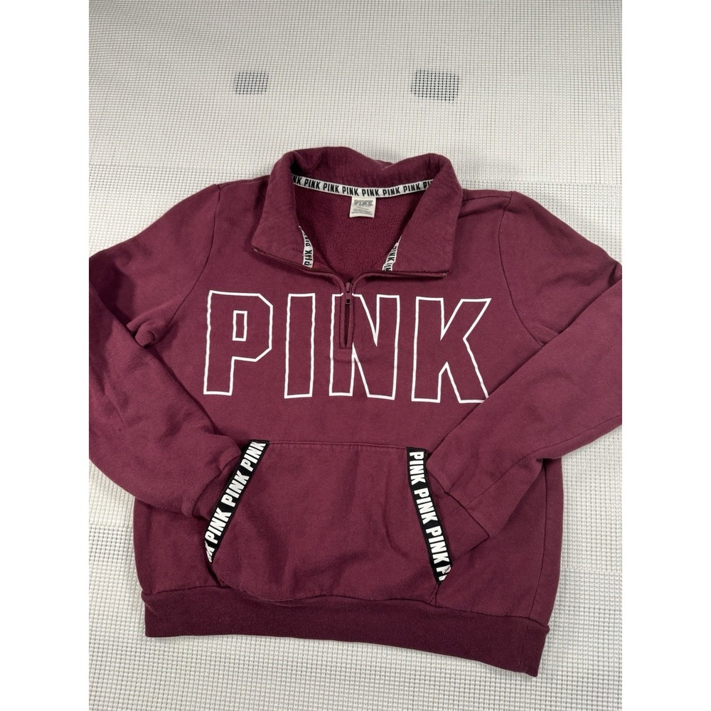 PINK Victoria's Secret Quarter Zip Pullover Fleece Sweatshirt Burgundy Large